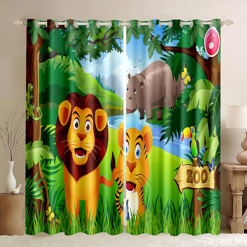 Aangepaste Dierentuin Schattig Cartoon Dier Jungle Dunne Gordijnen Jongens Kinderkamer Slaapkamer Klaslokaal Kleuterschool Nieuw Gordijn W60H150(CM)x2&Grommet Top