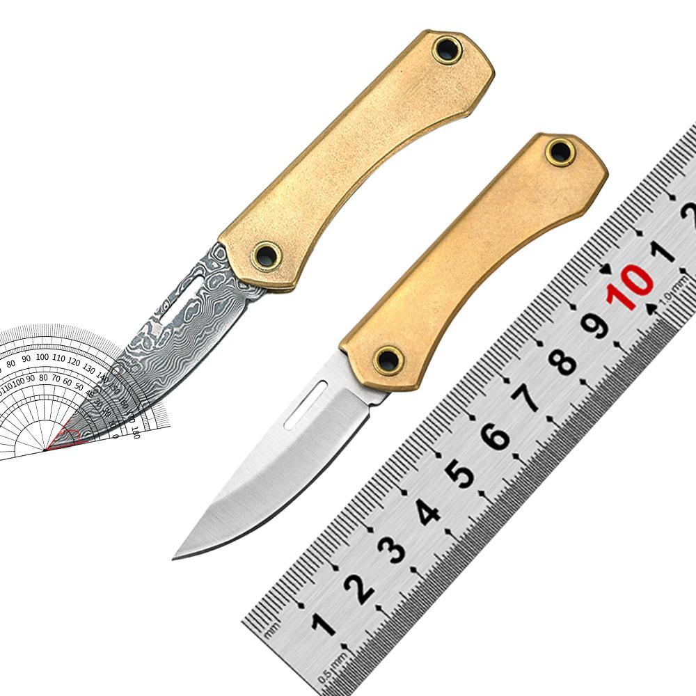 Damascus/D2 Steel Sharp Blade Brass Handle Mini Folding Knife, Keychain Utility Knife for Outdoor Camping Hiking Daily EDC Tool