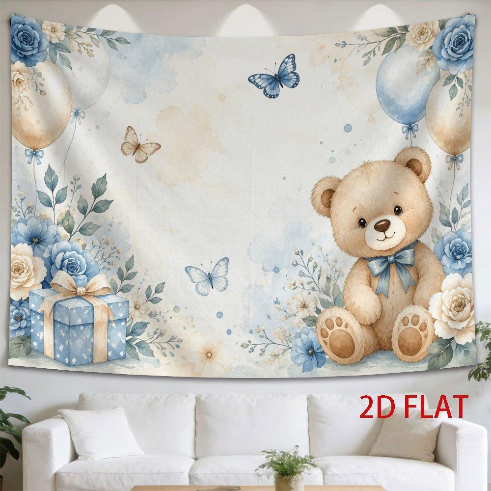 2D Flat, 1pc 2D Flat Tapestry Teddy Bear with Floral Balloons and Butterflies, Soft Watercolor Style, Perfect for Baby Room or Nursery Decor, Gentle P