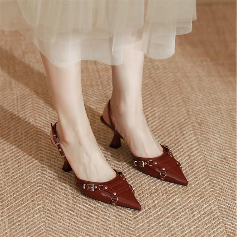 Patent Leather Women Sandals Sexy Pointed Toe Back Strap Buckle Summer Slingback Footwear Ladies High Heel Wedding Party Shoes
