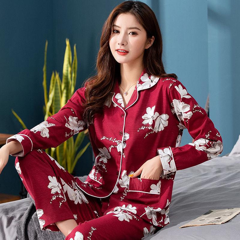 Spring and Autumn Pajamas Women's Pure Cotton Long-sleeved Women's Middle-aged Mother Cardigan Lapel Thin Loungewear Set