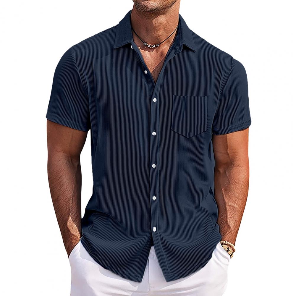 

Летняя мужская рубашка с отложным воротником, однобортная, свободная, большого размера, средней длины, однотонная, с нагрудным карманом, с короткими рукавами, уличная одежда D M темно-синий