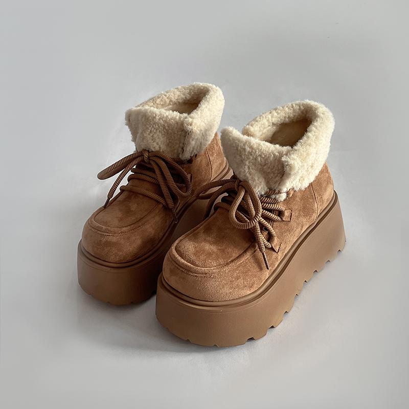 Winter Chunky Platform Heels Women Fur Snow Boots Keep Warm Height Increase Warm Cotton Short Booties Shoes  Mujer
