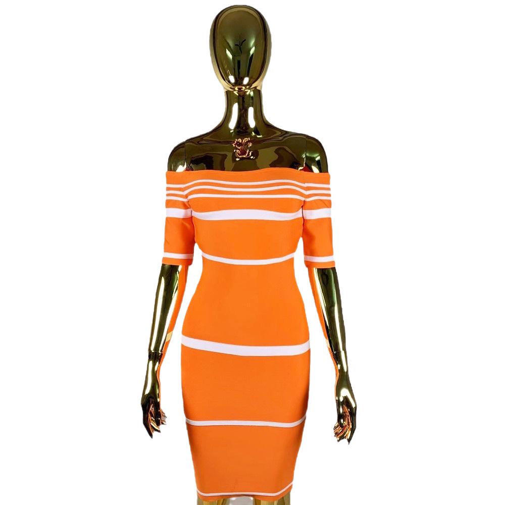 Chic Off-Shoulder Striped Bandage Party Dress - Elegant, High-Stretch, Sexy, Short Evening Skirt