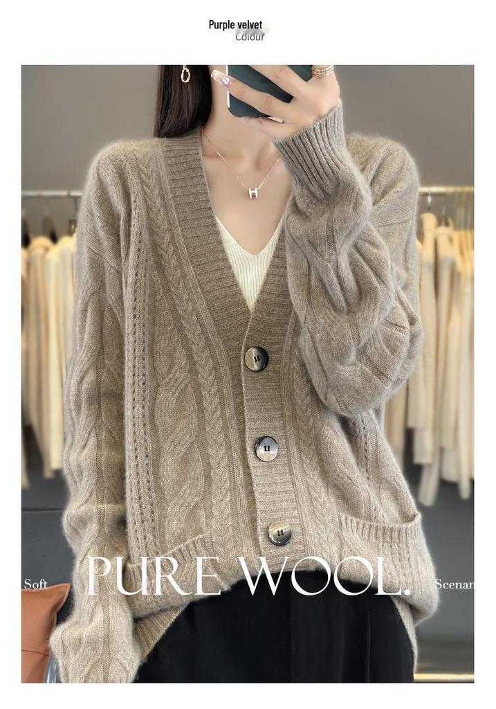 V-neck Pure Wool Loose Knit Cardigan – Long Sleeve Autumn/Winter Sweater