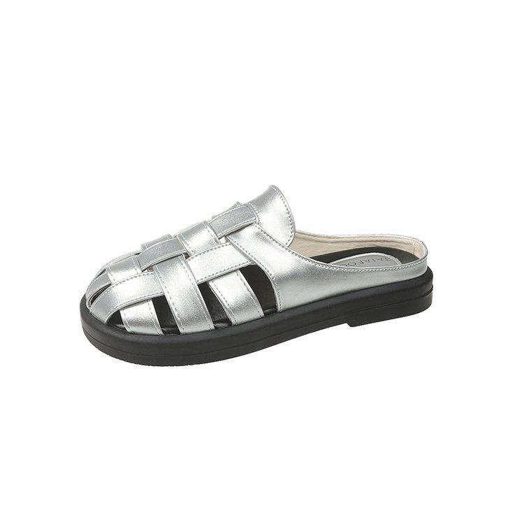Leather hollow woven slippers outer wear 2025 summer new one-pedal Roman retro casual bag head half slippers