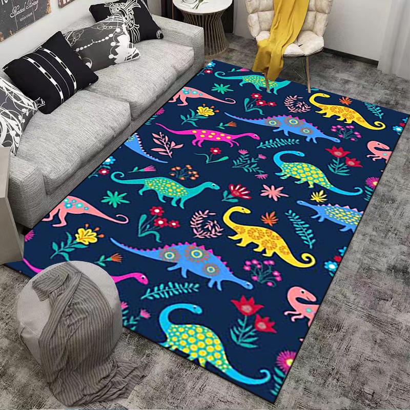 Colorful Dinosaur Pattern Carpet with Floral Design, Navy Blue Background Suitable for Use As an Anti-slip for Living Room Bedroom Sofas
