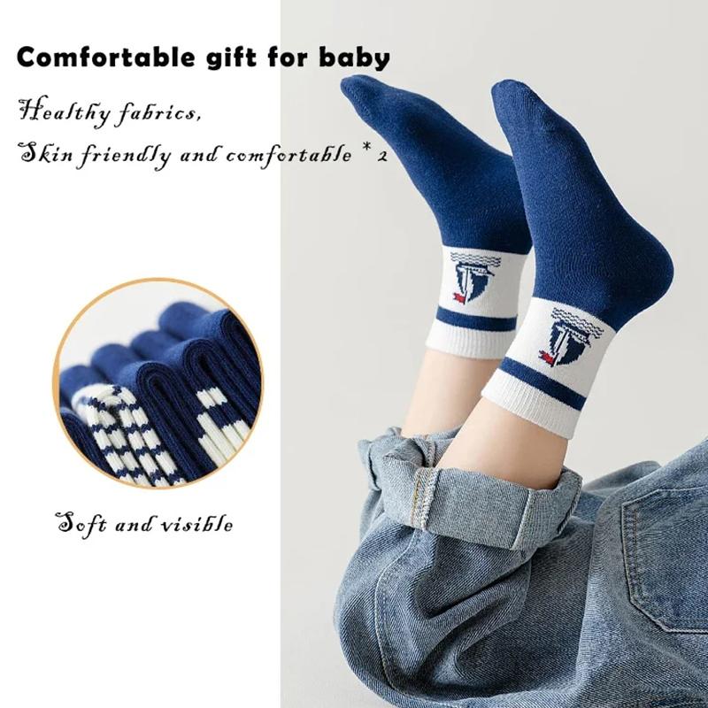 5 Paare/Satz Niedliche Baby Jungen Socken Herbst Winter Baumwolle Kinder Mid Tube Socke Vintage Marineblau Gestreifte Kinder Sportliche Socken