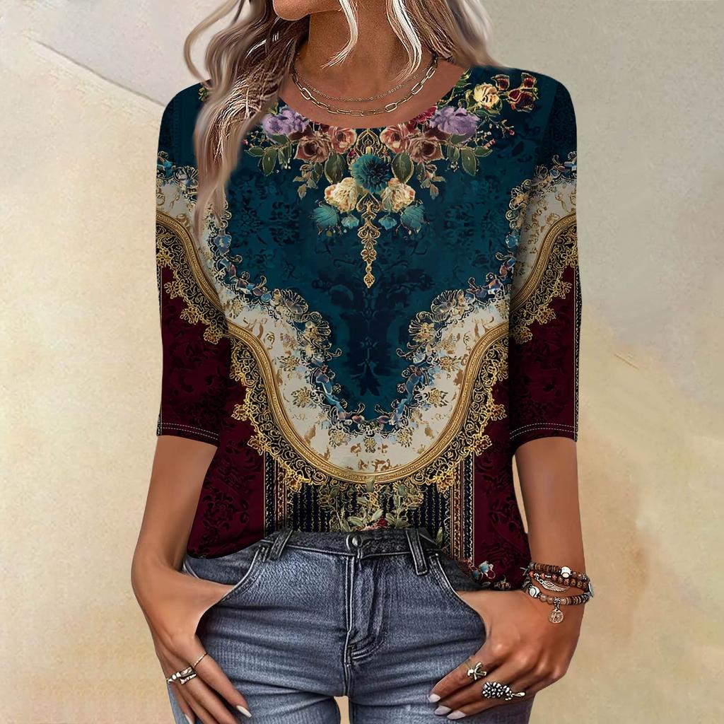 Trendy Vintage 3/4 Sleeve Top For Women,Ladies Casual Three Quarter Sleeve Round Collar Printed T-Shirt Blouse