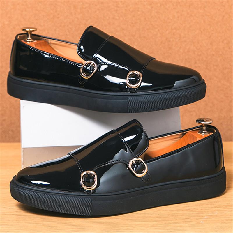 Fashion Fashion Men's Pointed Glossy Black Monk Strap Loafter Leather Casual Shoes Male Formal Wedding Dress Homecoming Zapatos Hombre