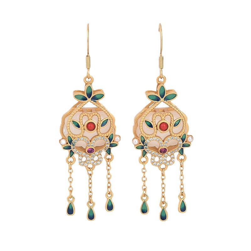 2022 Ethnic Court-Style Enamel & Imitation Hetian Jade Tassel Earrings