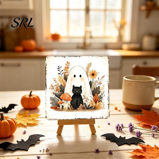 Festive Home Decor for October Halloween Wood Tabletop Sign with Mini Easel, Cute Pumpkin Ghost Decorative Party Table Centerpieces Plaque,