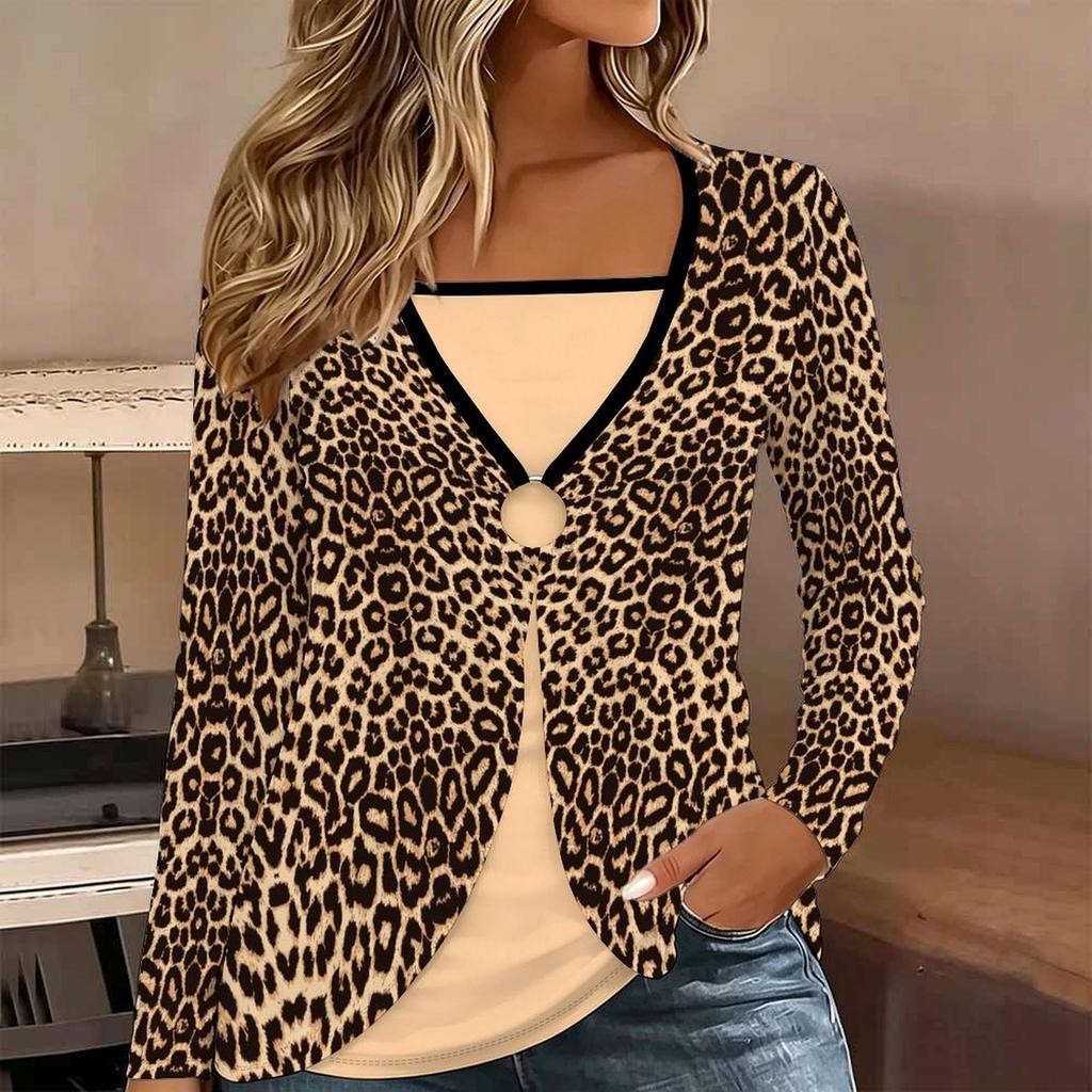 Tops for Women Floral Print Long Sleeve Fake Two‑Piece Top Fall Casual Slim Pullover Women's Long Sleeve Top