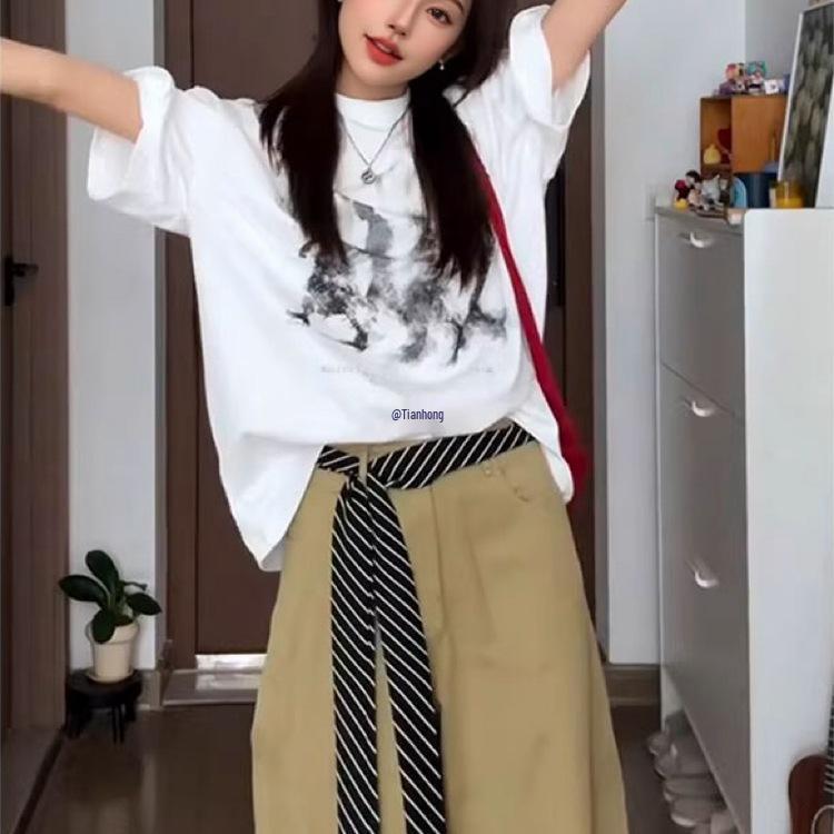 

Striped Belt and Scarf Set with Ribbon Sash Waist Wrap. Black and White Striped Belt ~145cm