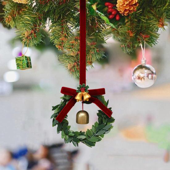 Yousheng Christmas Bell Wreath Hanging Ornament Mini PVC Garland with Red Bow Xmas Tree Decor Window Display Festive Decor