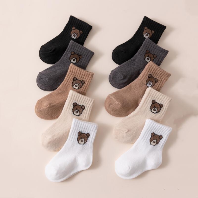 5 Pairs Cartoon Bear Pattern Baby Socks Toddler Soft Comfortable Breathable Cotton Socks Spring Autumn Kids Mid-calf Footwear