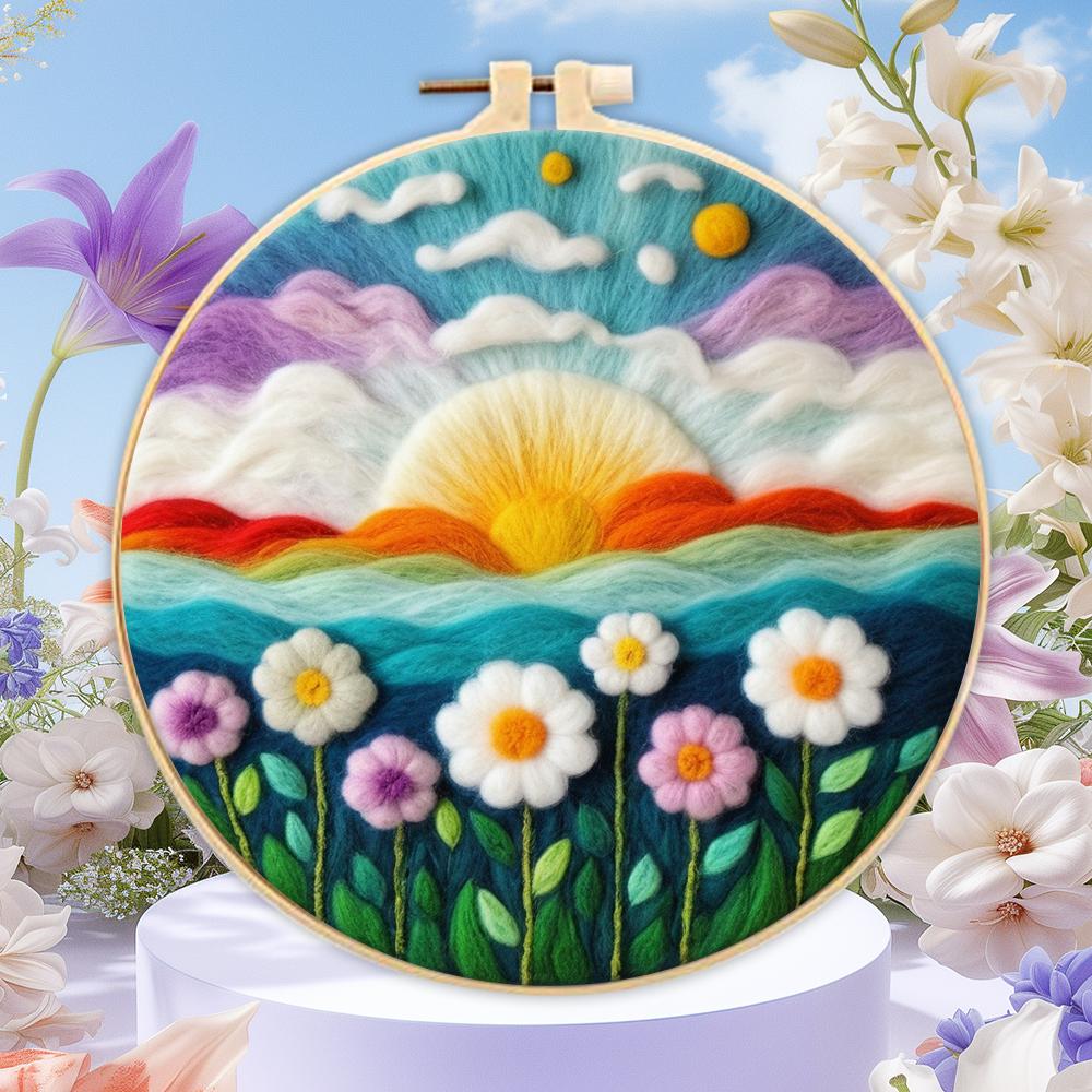 CHENISTORY 20x20cm Frame With Wool Felting Painting Kit Landscape Funny Diy Felt Crafts Package Felt Needle For Home Decoration
