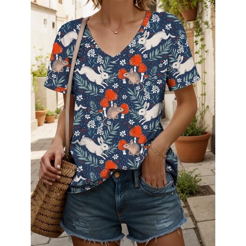 Women's Trendy T-Shirt Plants Graphics Fashion Short Sleeved V-Neck Regular Tops Daily Print Tee 2025  Summer Y2K Casual Tops