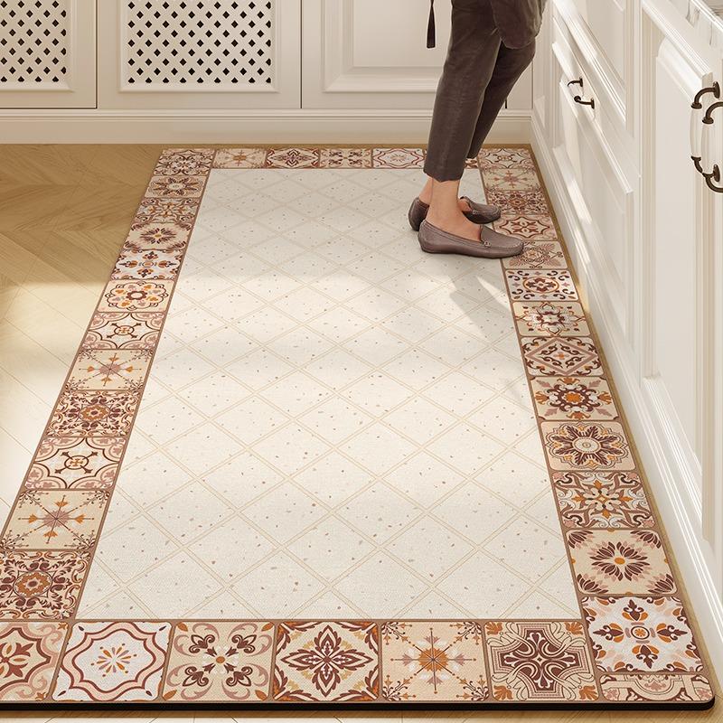 Kitchen Vinyl Carpet Large PVC Waterproof Leather Floor Mat Anti-slip Oil-proof Carpets Retro Home Decor Rug Alfombra De Cocina