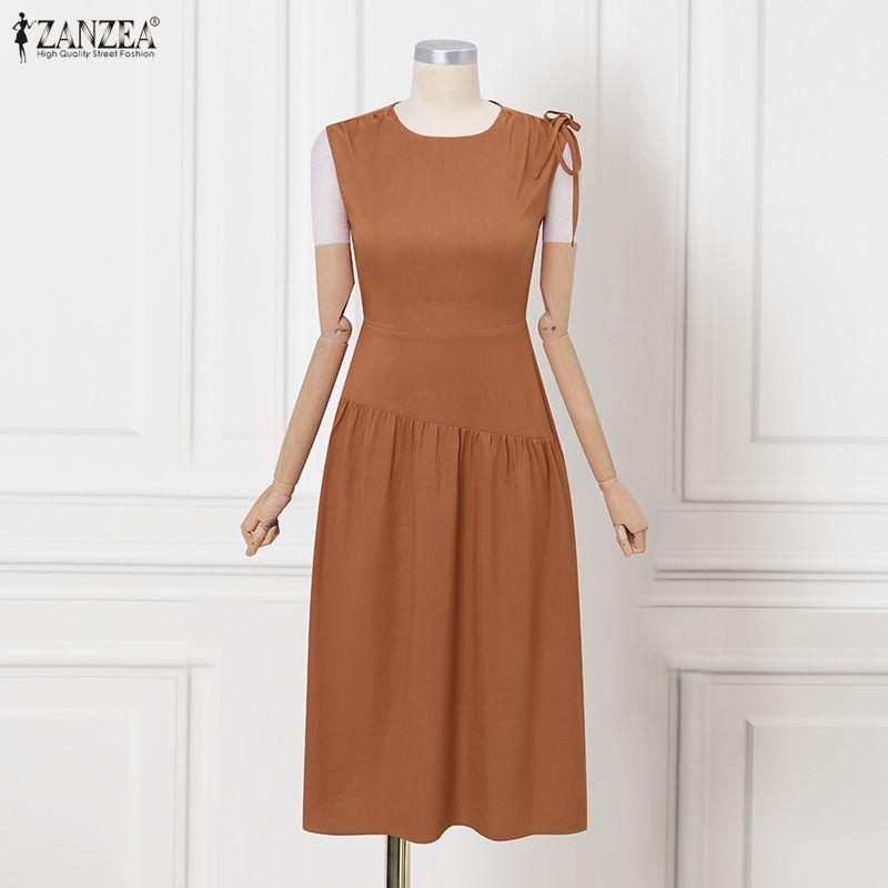 ZANZEA Women Elegant Casual Round Neck Solid Color Sleeveless Dress