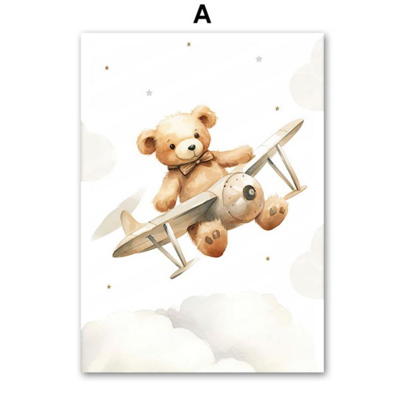 Bear Hot Air Balloon Aircraft Moon Cloud Balloon Nursery Wall Art Canvas Painting Posters & Prints Pictures Baby Kids Room Decor