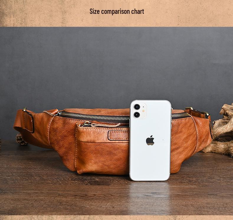 Vintage Chaozhou Hand-Colored Leather Fanny Pack: Retro Genuine Leather Chest Bag with Multi-Pocket Phone Holder