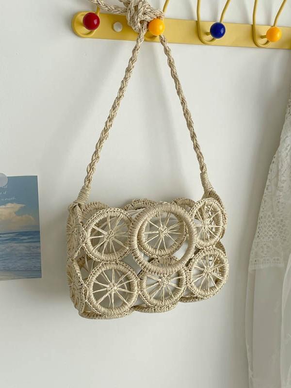 Boho Woven Handbag With Canvas Lining For Casual Beach Day Use
