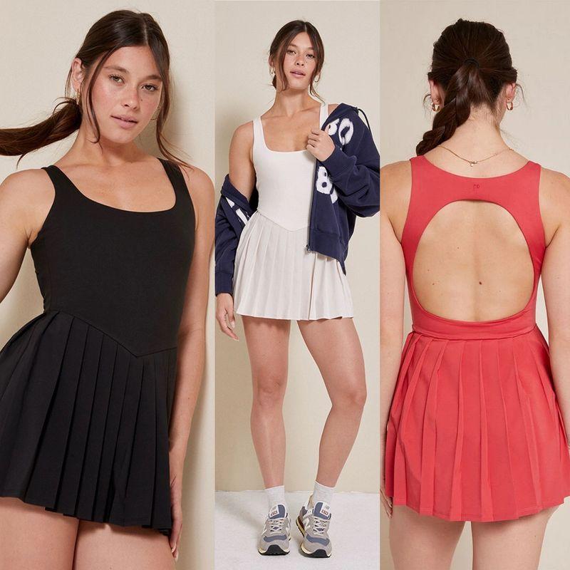 American Brand Back Shaping Backless Tennis Skirt Fashion Tape Sexy Fitness Sports Pleated One-Piece Split Skirt
