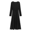 Women's French Black Pleated Square Neck Long Sleeve A-line Dress, Slim Fit Cinched Waist, New for Spring 2026