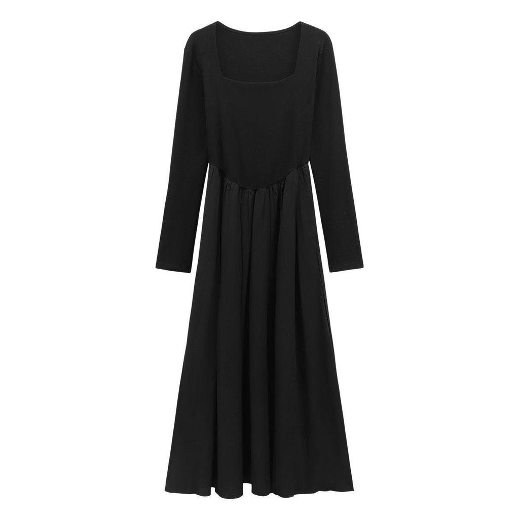 Women's French Black Pleated Square Neck Long Sleeve A-line Dress, Slim Fit Cinched Waist, New for Spring 2026