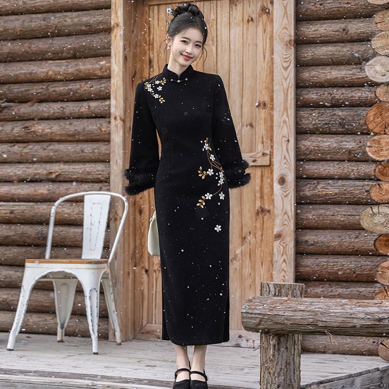 Black Knit Jacquard Qipao Dress Winter Warm Lined Long Sleeve Modern Chinese Style Womens Plus Size Elegant Daily Wear Small