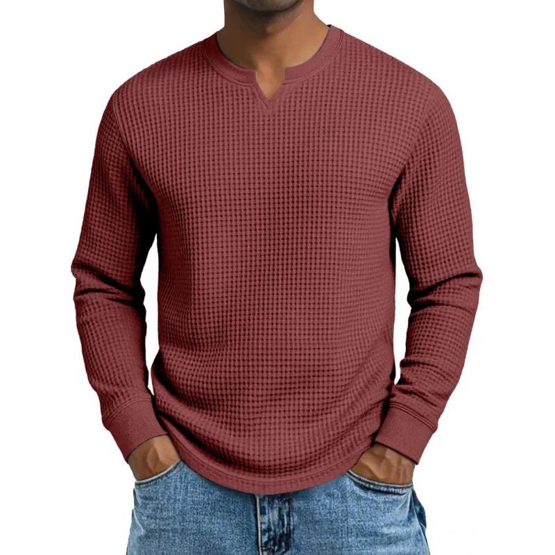Herren Plus Size Waffel Karomuster Slim Fit Langarm V-Ausschnitt Lässiges T-Shirt