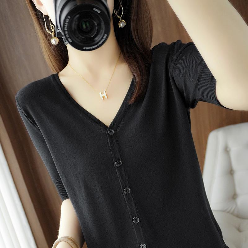 

Кардиган вязаный из ледяного шелка с V-образным вырезом и рукавом пять восьмых, летняя свободная одежда для защиты от солнца, универсальный топ с коротким рукавом, базовая рубашка XXL