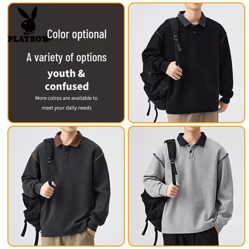 PLAYBOY Men's Long Sleeve Polo Neck Pullover Sweatshirt