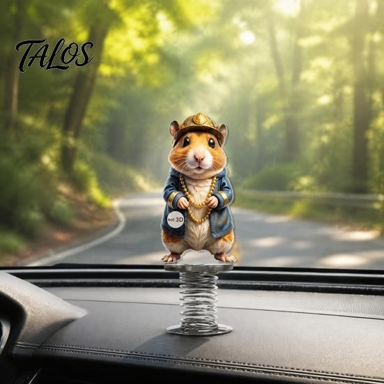 Small Car Accessory Gift Cute Rat Dashboard Ornament, Funny Animal Decoration with Gold Beads Chain, 2D Vehicle Interior Flat Acrylic Hamster