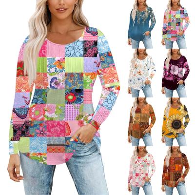 Damski Modny Casualowy Plisowany Okrągły Dekolt Vintage Kwiatowy Nadruk Długi Rękaw T-shirt Top
