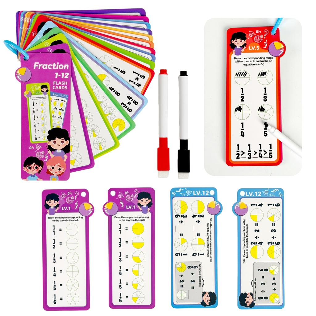 Digital Learning Flash Cards, Addition, Subtraction, Multiplication, Division, Fraction, Math Formula Memory, 15 Cards, Two Erasable Pen Learning Toys