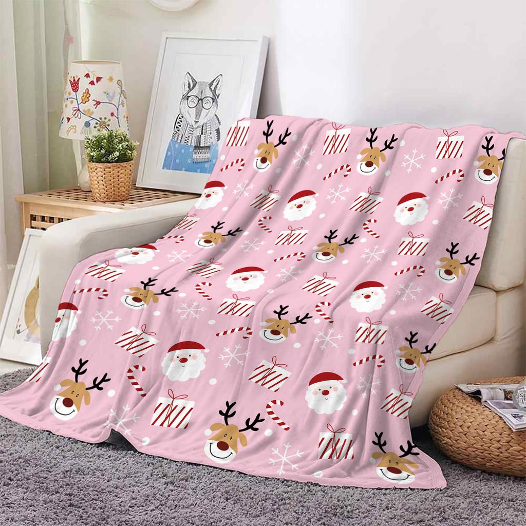 1 double-sided flannel pink Santa Claus pattern printed blanket suitable for sofas, air-conditioned rooms, and camping use