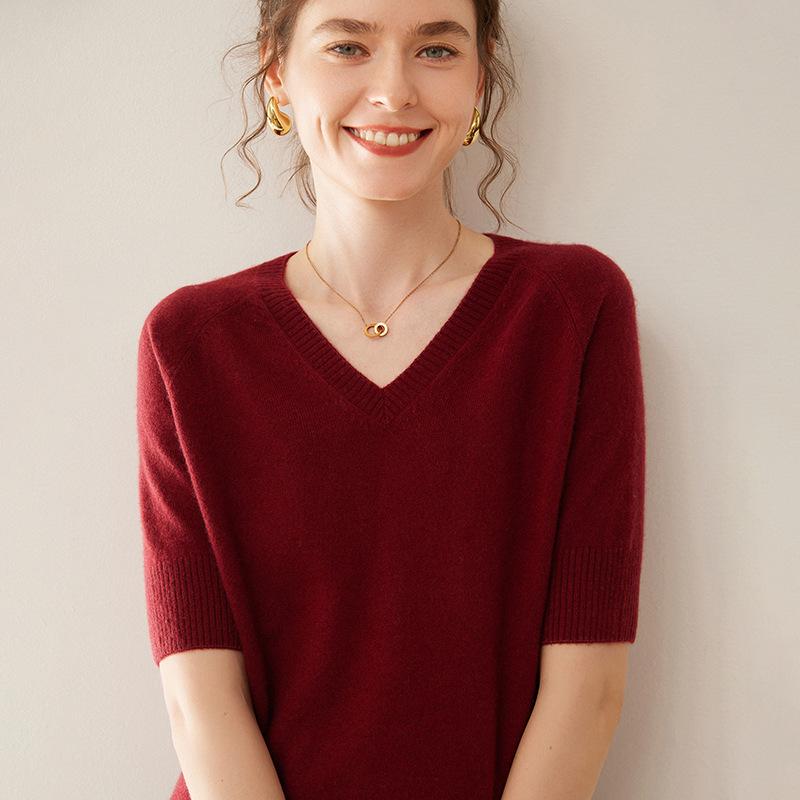 Women's Cashmere V-Neck Raglan Sweater - Short Sleeve, Solid Color, Autumn/Winter Thin Knit T-Shirt