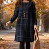Yousheng Women's Vintage Plaid Dress Casual Long Sleeve Cotton Linen Dress Fall Loose Fit Checkered Crew Neck Tunic Midi Dress