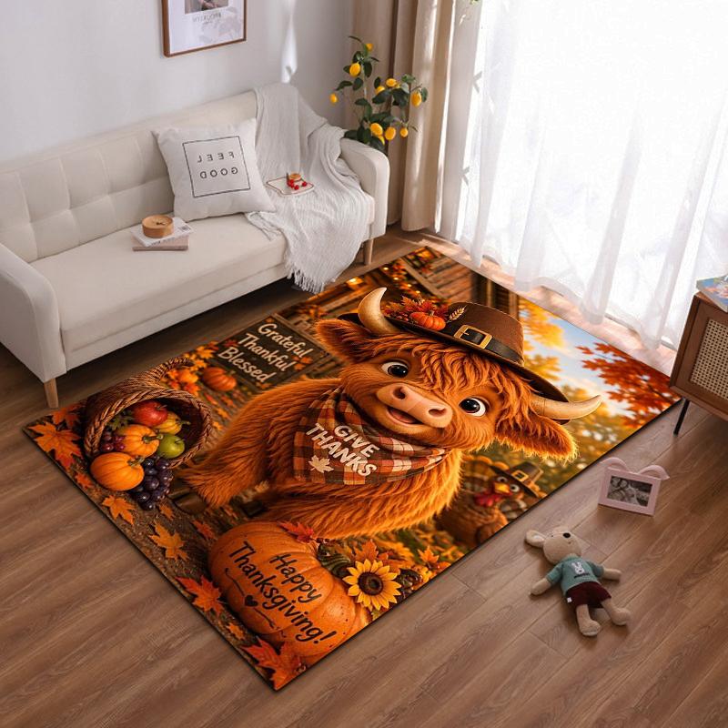 Happy Thanksgiving Cartoon Cow Illustration Rug Non-slip Rug Suitable for Living Room and Bedroom Sofas Sofas