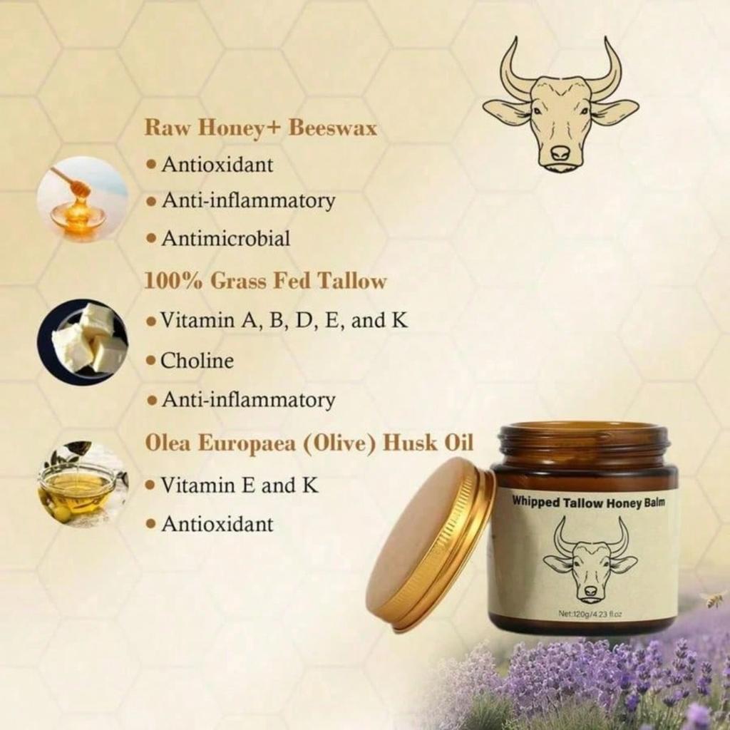 Beef Tallow For Skin - Organic Grass Fed Whipped Moisturizer With Honey Balm, Natural Hydrating Cream, Relief For Dry & Sensitive Skin, 4.23oz