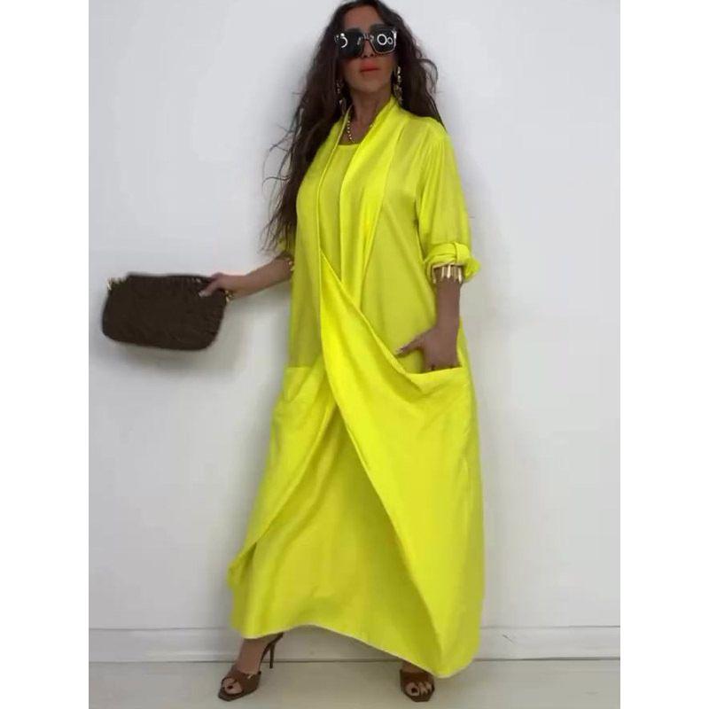 2025 Summer New European and American Women clothes Design Long Solid Long sleeve Temperament Dress