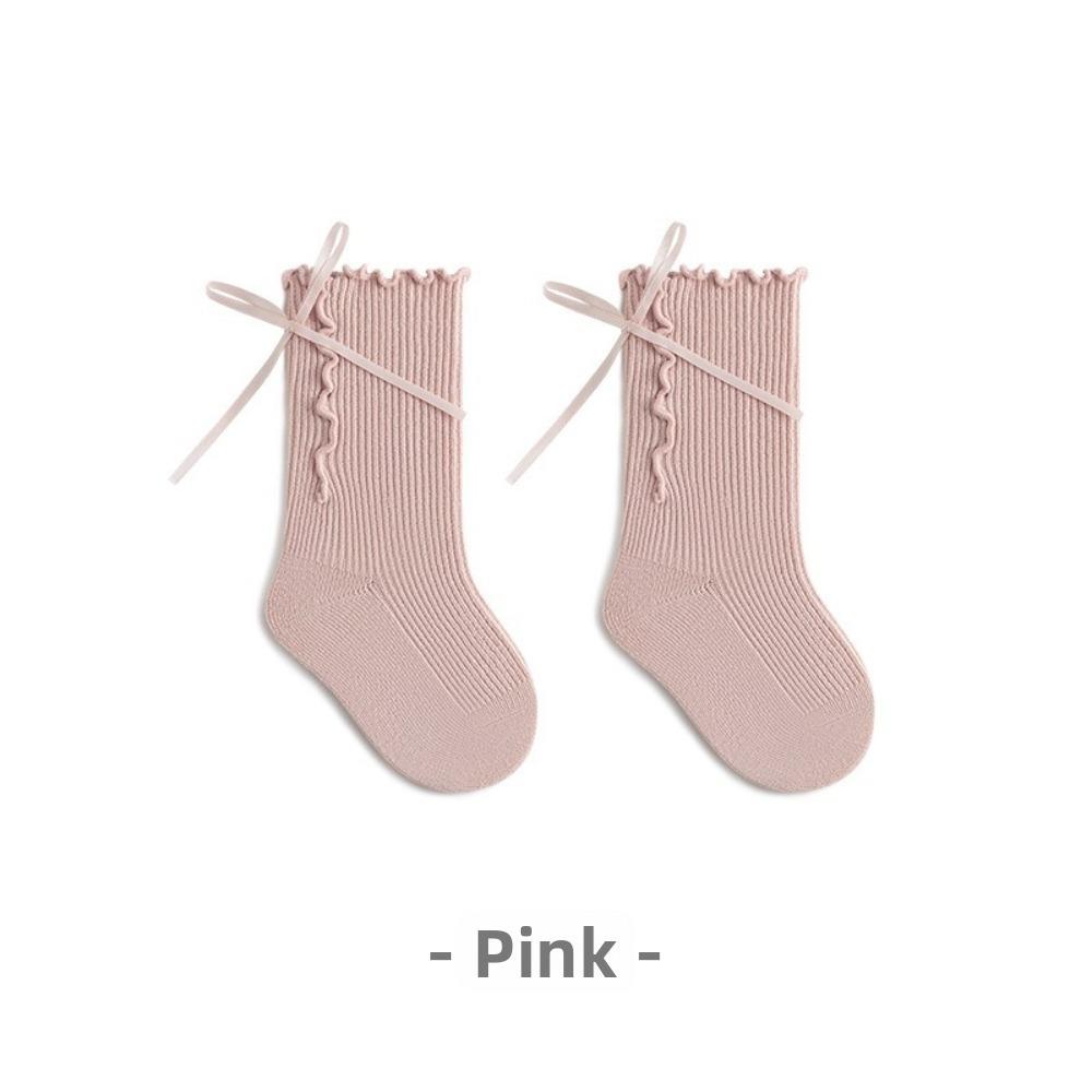 Seamless Toe Ruffle Bow Socks Cotton Material Baby Girls Socks Cotton Mid Calf Socks  Spring Season