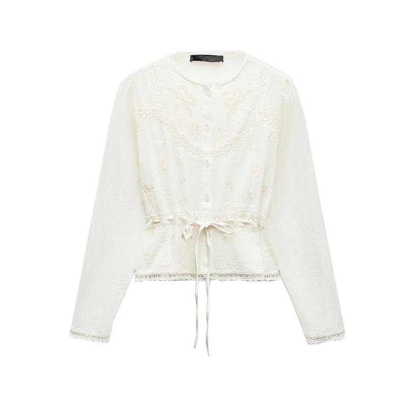 Spring New Women clothes Sweet Style Loose round Neck Hollow out Waist Hugging Embroidery Tulle Shirts 0881102