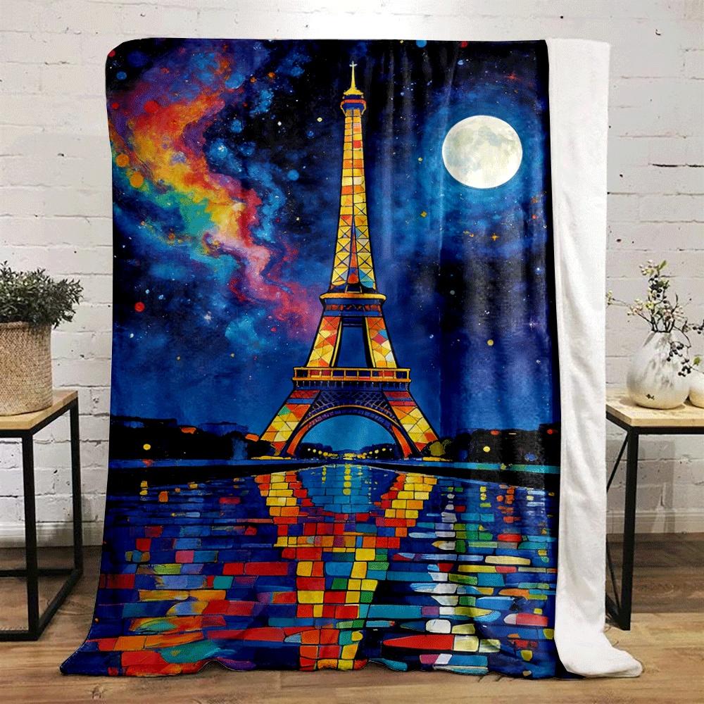Colorful Eiffel Tower with vibrant sky and water reflection pattern. for all seasons blanket lunch break throw gift