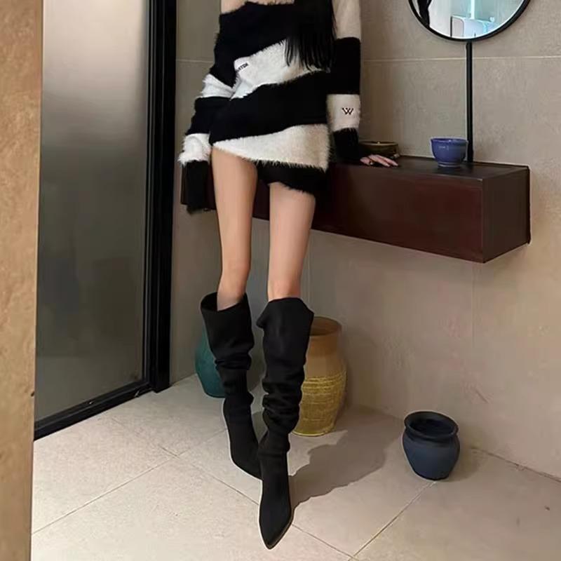 Pleated Pile Boots Pointed Boots WoAutumn Winter Knight Boots Western Cowboy Boots High Heel Boots