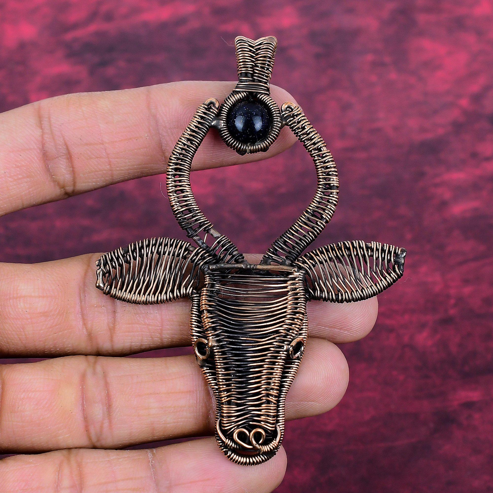 Blue Sunstone Pendant Copper Wire Wrapped Cow Face Pendant Real Gemstone Jewelry