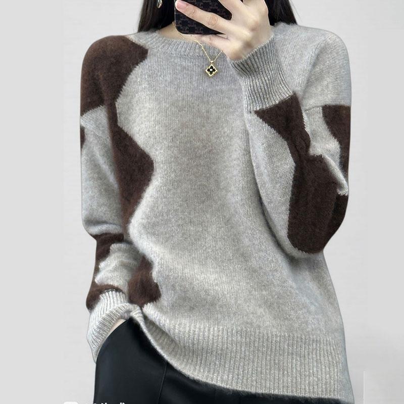 Autumn Winter Women's Crew Neck Wool Sweater Color-block Loose Thick Pullover Knitted Wool Sweater