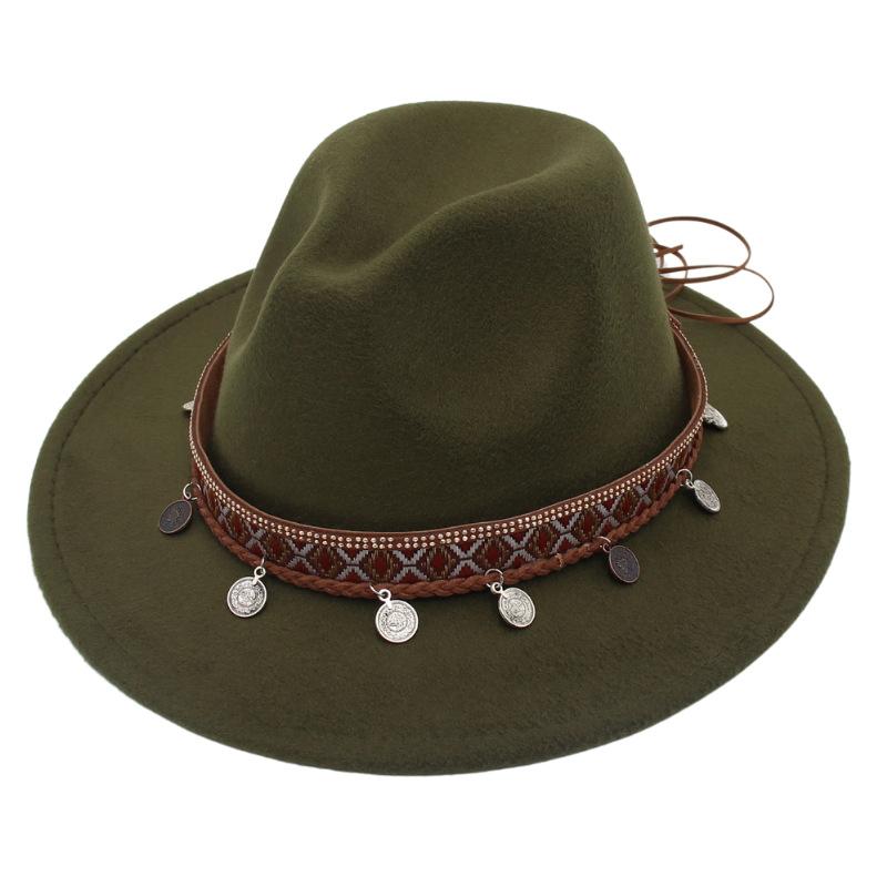 Ethnic Topper Hat Imitation Silver Accessories Felt Hat Jazz Hat Big Brim Stage Performance Hat